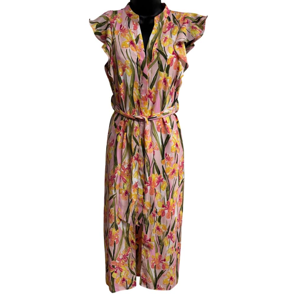 Maison Jules Dress Womens Small Pink Floral Flutter Sleeve Tie Waist Midi EUC